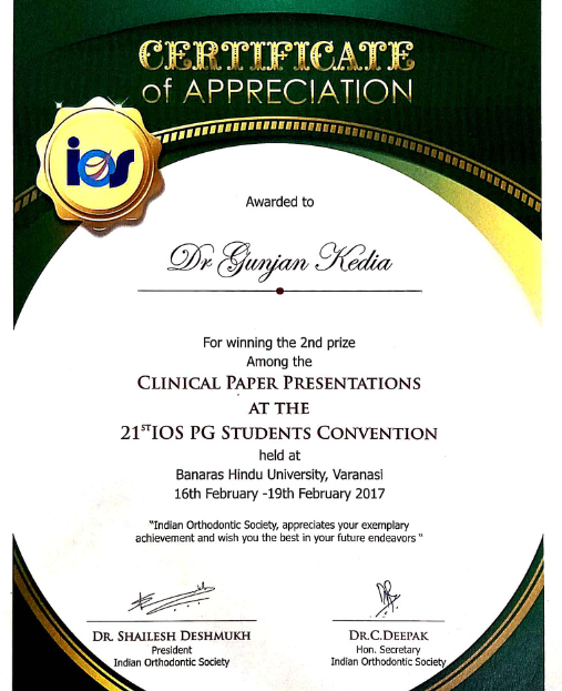Orthodontist Dr Gunjan Kedia - 2nd Prize for Clinical Paper Presentations at the 21st IOS PG Students Convention